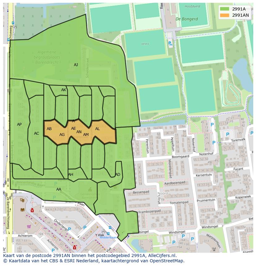 Afbeelding van het postcodegebied 2991 AN op de kaart.