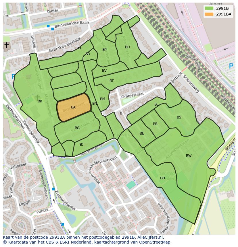 Afbeelding van het postcodegebied 2991 BA op de kaart.