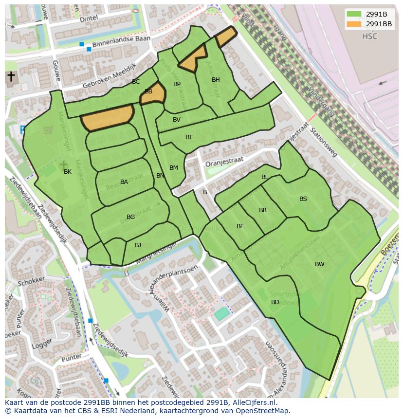 Afbeelding van het postcodegebied 2991 BB op de kaart.