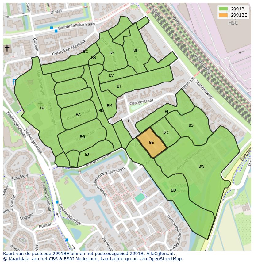 Afbeelding van het postcodegebied 2991 BE op de kaart.