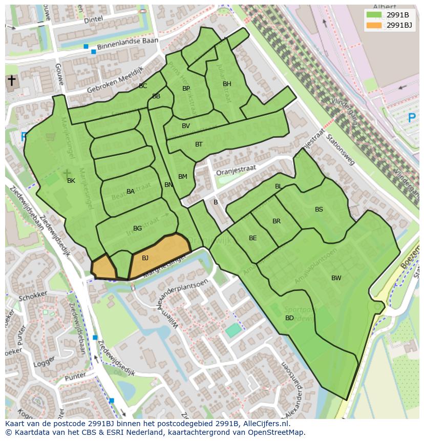 Afbeelding van het postcodegebied 2991 BJ op de kaart.
