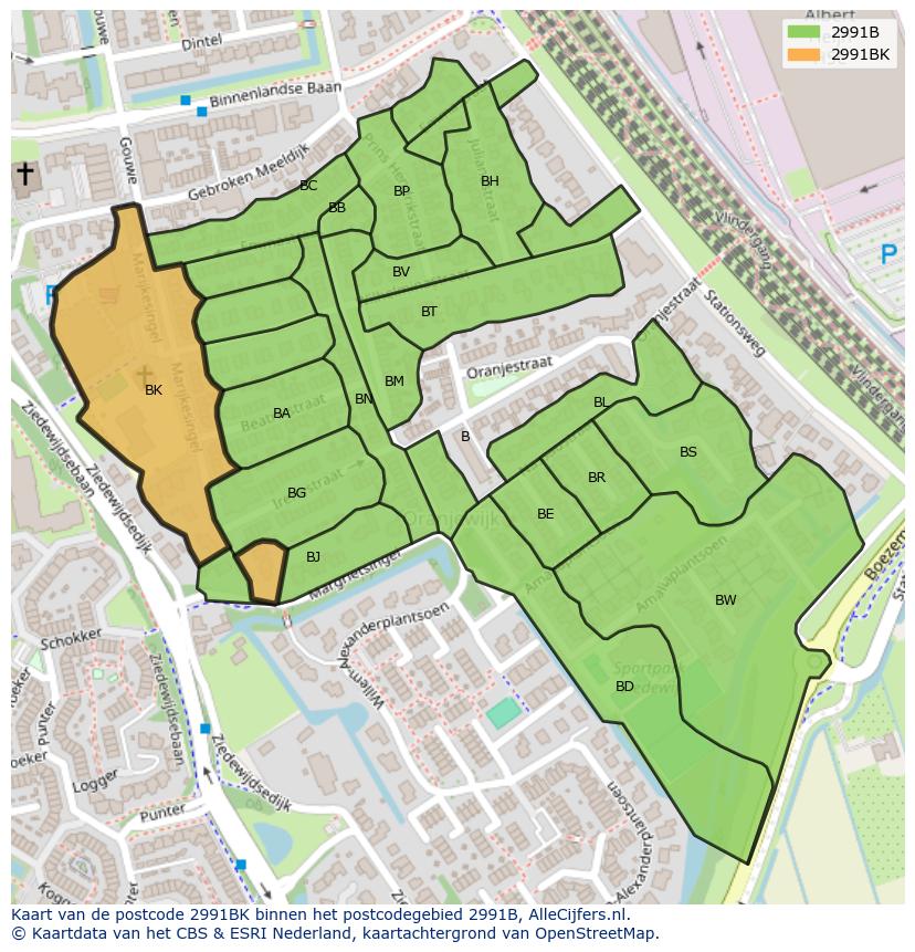 Afbeelding van het postcodegebied 2991 BK op de kaart.