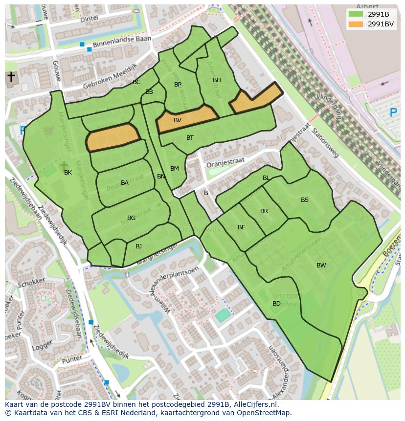 Afbeelding van het postcodegebied 2991 BV op de kaart.