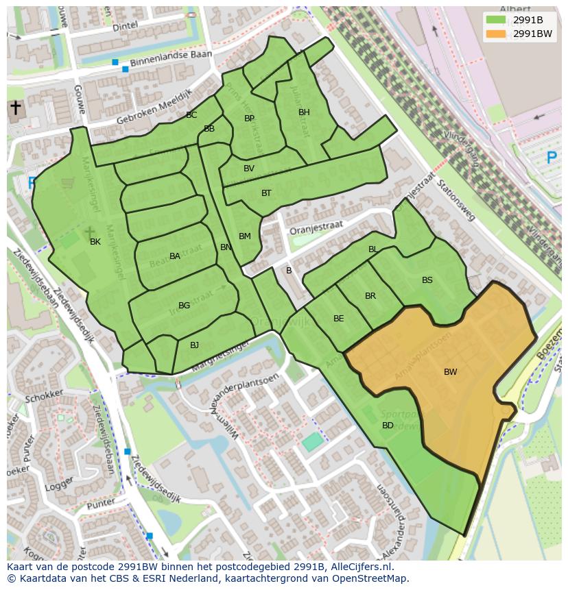 Afbeelding van het postcodegebied 2991 BW op de kaart.