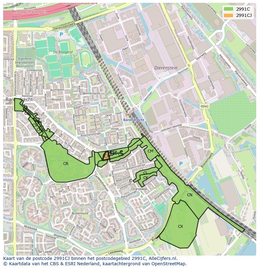 Afbeelding van het postcodegebied 2991 CJ op de kaart.