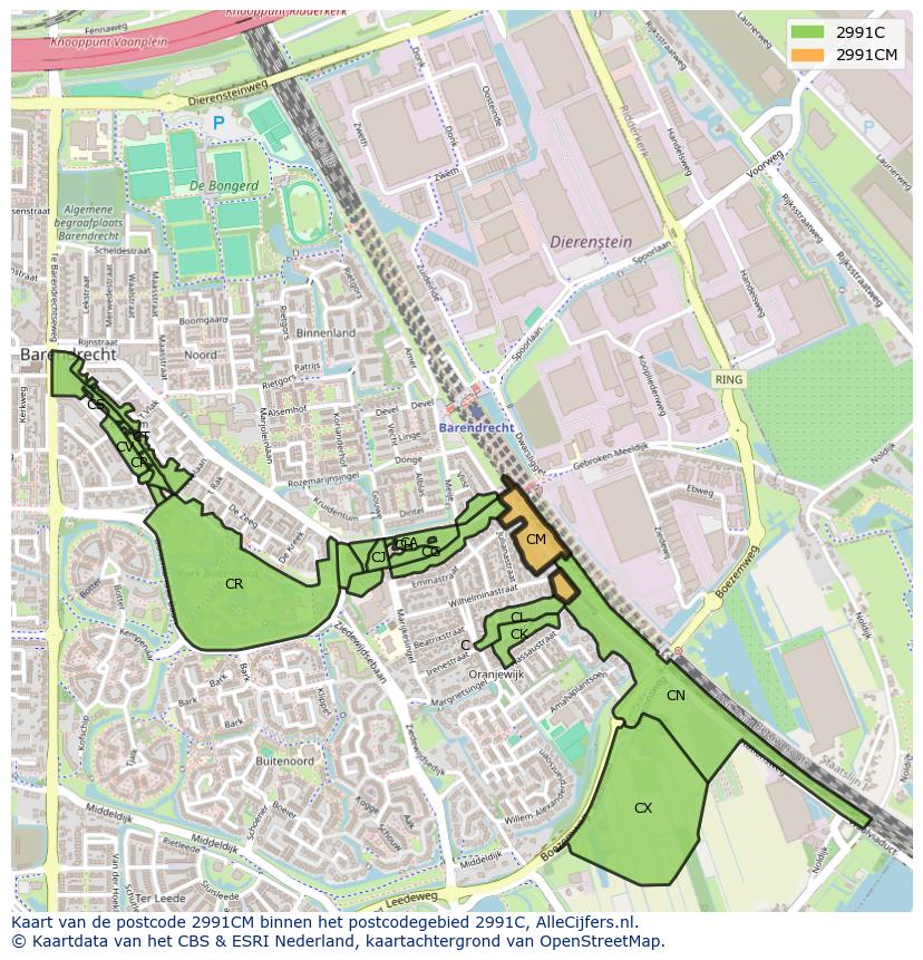 Afbeelding van het postcodegebied 2991 CM op de kaart.