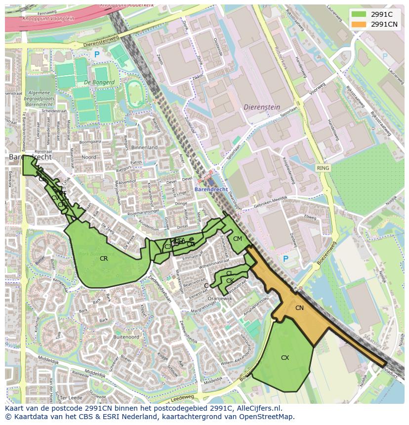 Afbeelding van het postcodegebied 2991 CN op de kaart.