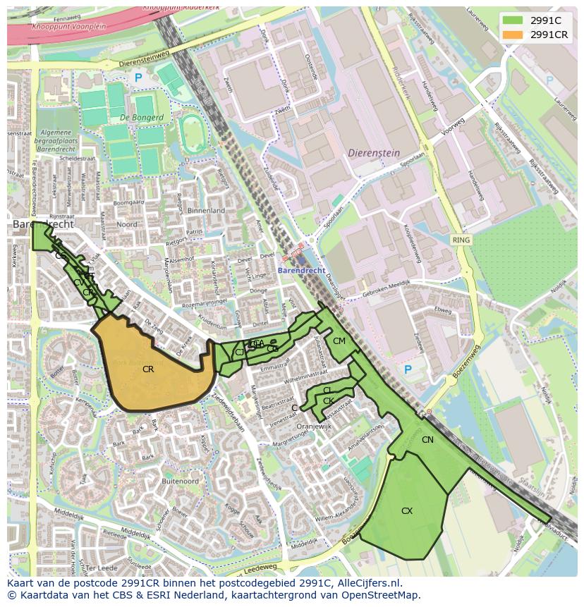 Afbeelding van het postcodegebied 2991 CR op de kaart.