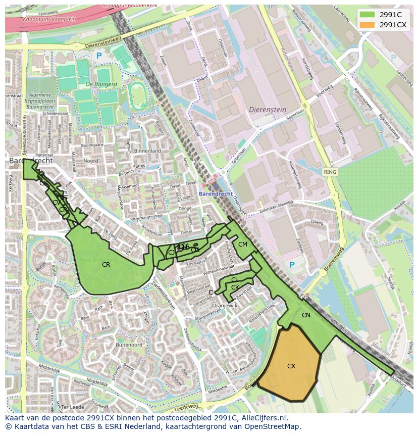 Afbeelding van het postcodegebied 2991 CX op de kaart.