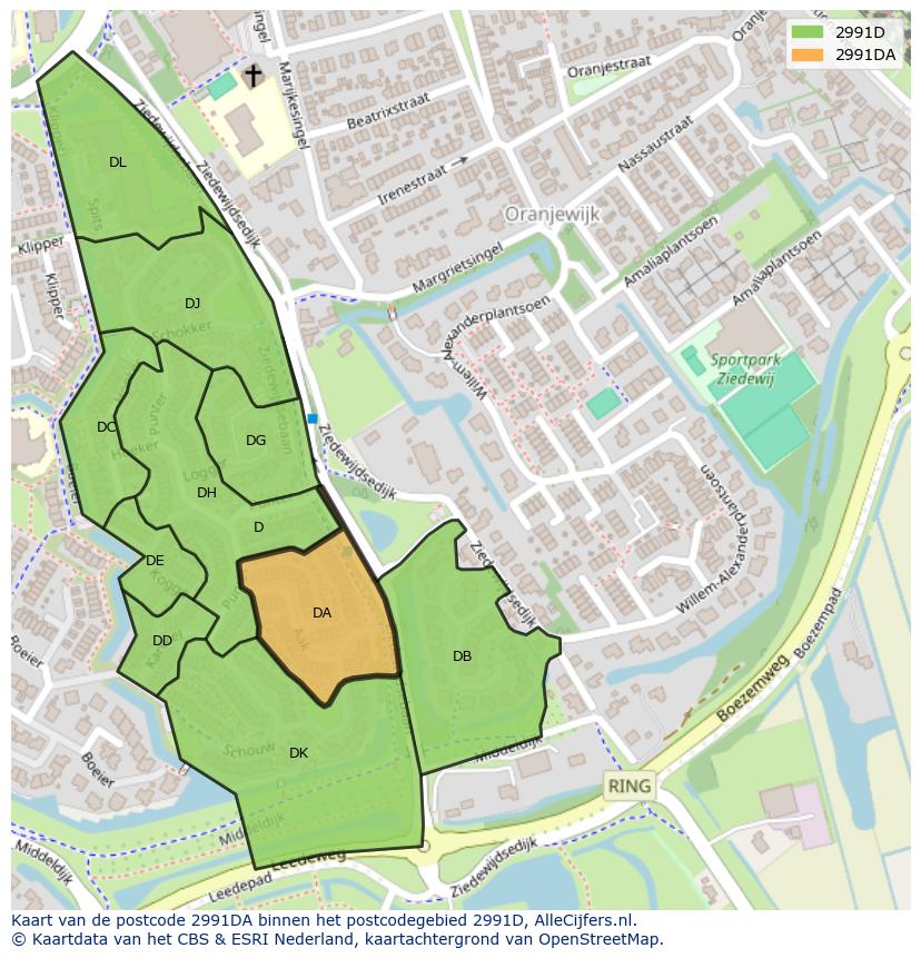 Afbeelding van het postcodegebied 2991 DA op de kaart.