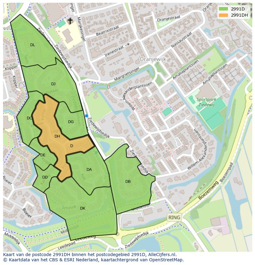 Afbeelding van het postcodegebied 2991 DH op de kaart.