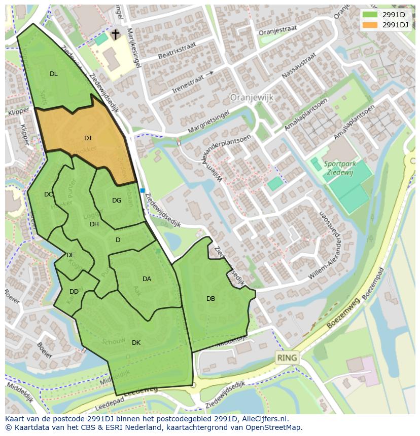 Afbeelding van het postcodegebied 2991 DJ op de kaart.