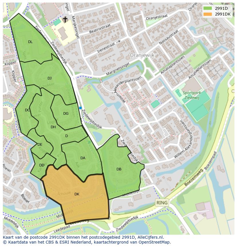 Afbeelding van het postcodegebied 2991 DK op de kaart.