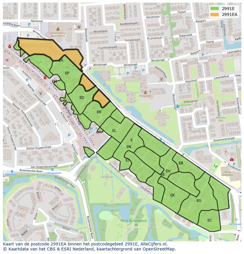 Afbeelding van het postcodegebied 2991 EA op de kaart.