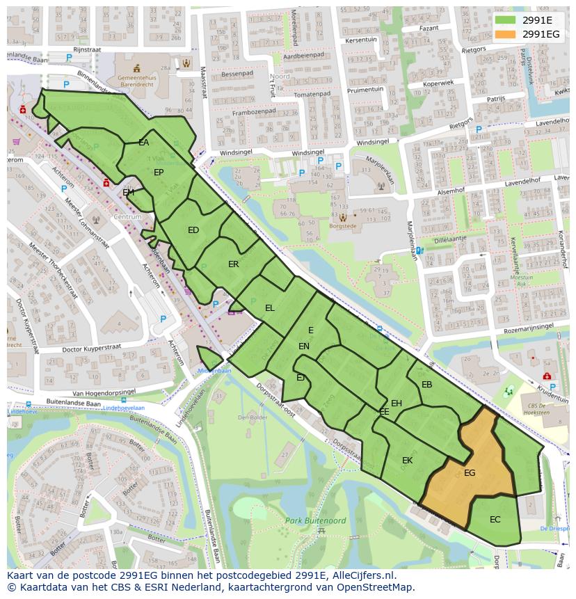 Afbeelding van het postcodegebied 2991 EG op de kaart.