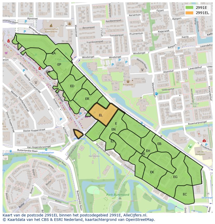 Afbeelding van het postcodegebied 2991 EL op de kaart.