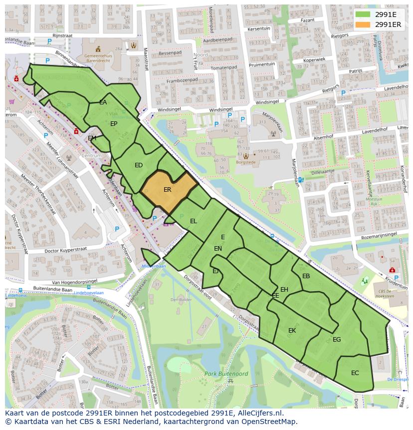 Afbeelding van het postcodegebied 2991 ER op de kaart.