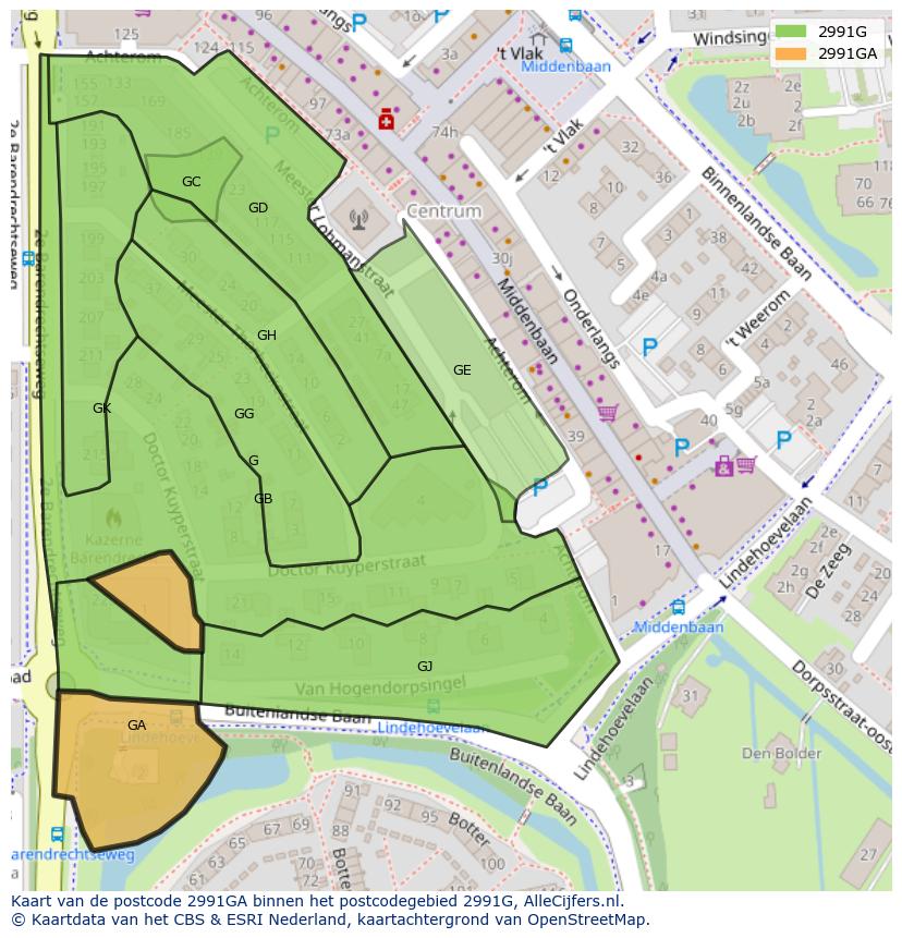 Afbeelding van het postcodegebied 2991 GA op de kaart.
