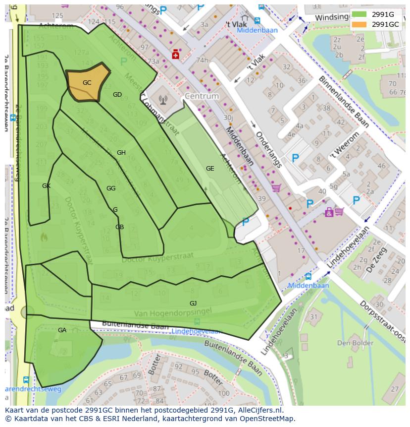 Afbeelding van het postcodegebied 2991 GC op de kaart.