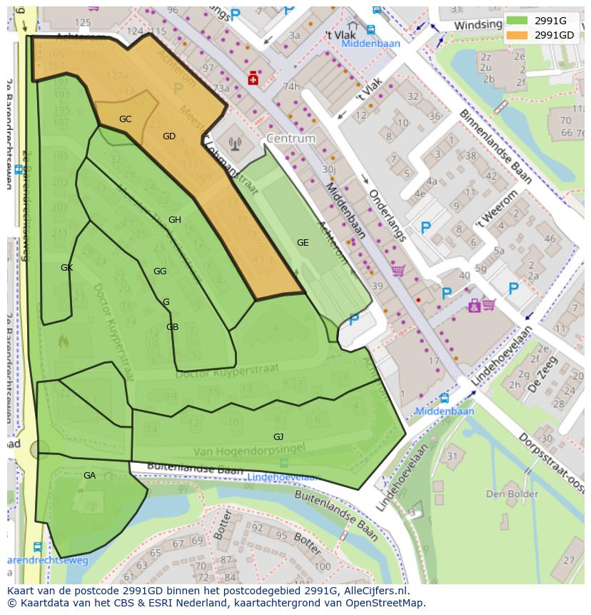 Afbeelding van het postcodegebied 2991 GD op de kaart.