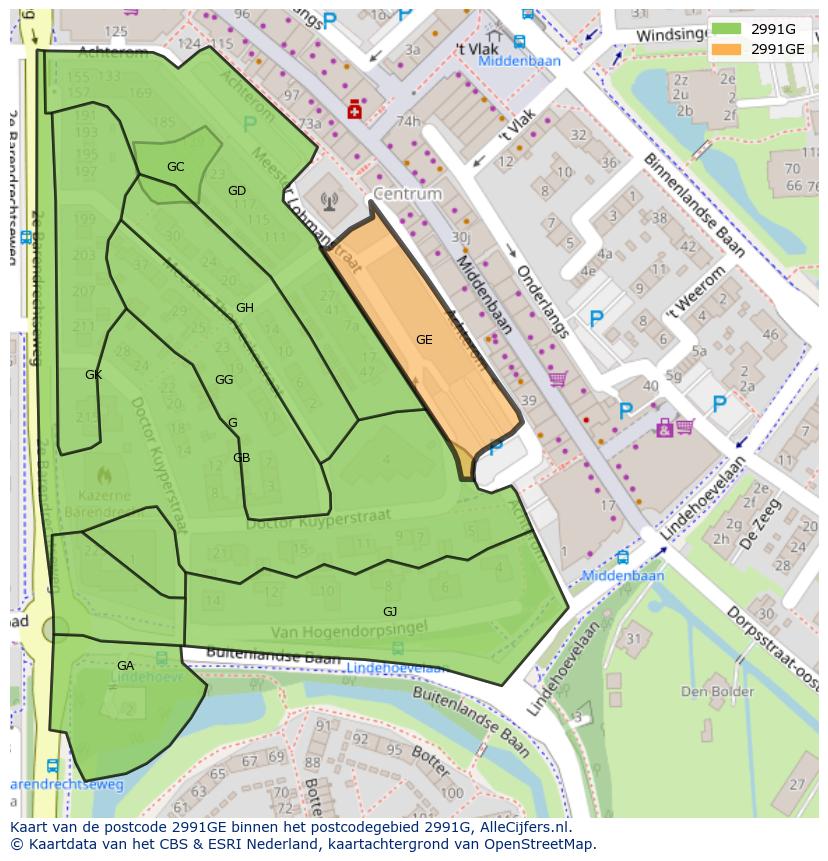 Afbeelding van het postcodegebied 2991 GE op de kaart.