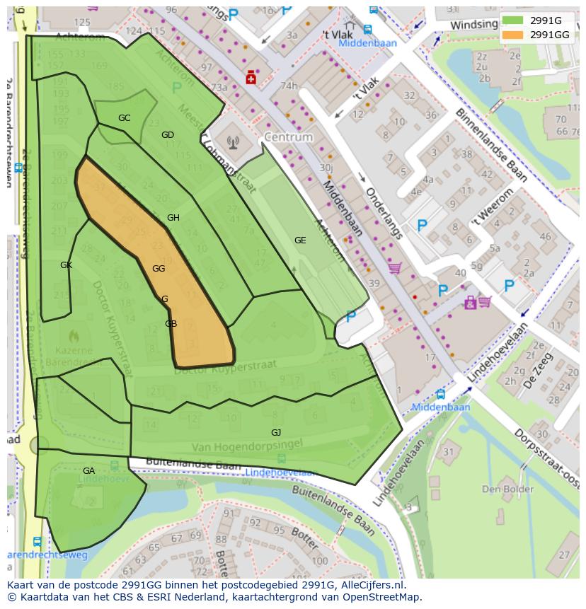 Afbeelding van het postcodegebied 2991 GG op de kaart.