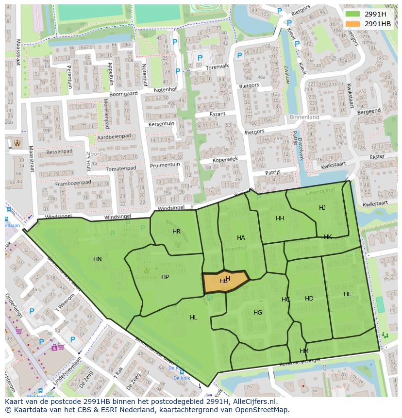 Afbeelding van het postcodegebied 2991 HB op de kaart.