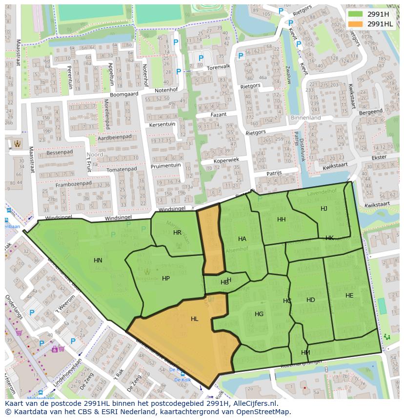 Afbeelding van het postcodegebied 2991 HL op de kaart.