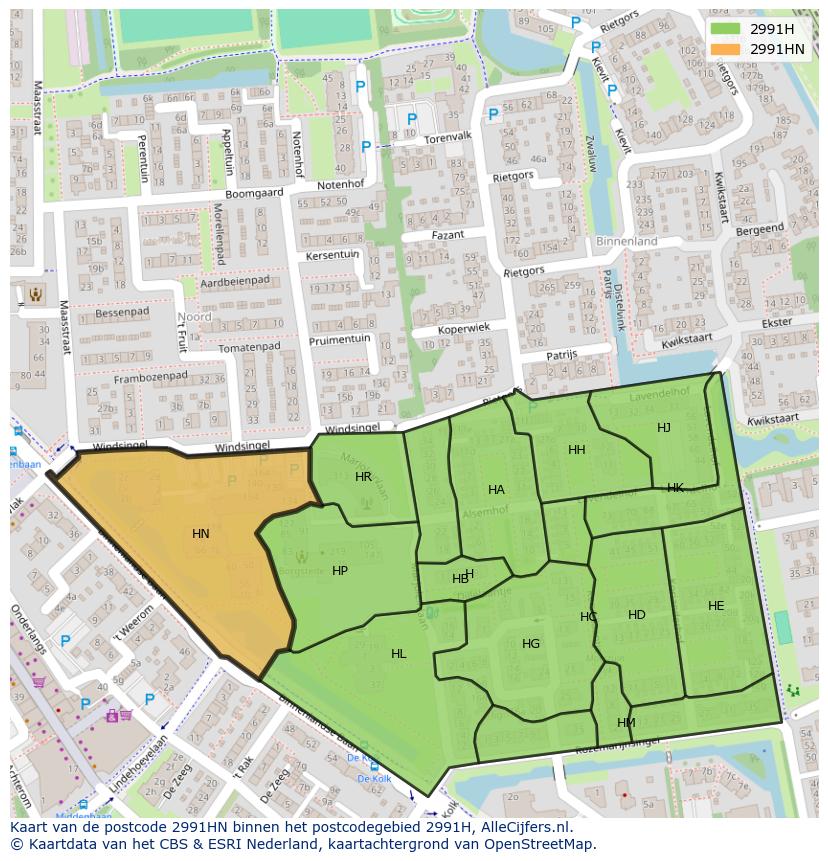 Afbeelding van het postcodegebied 2991 HN op de kaart.