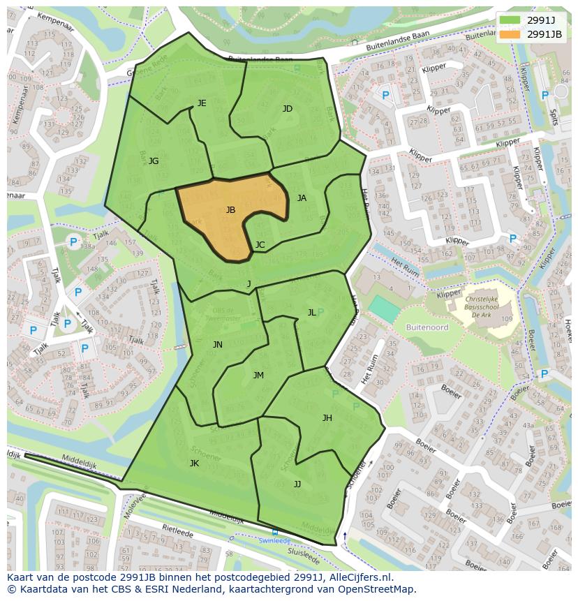 Afbeelding van het postcodegebied 2991 JB op de kaart.