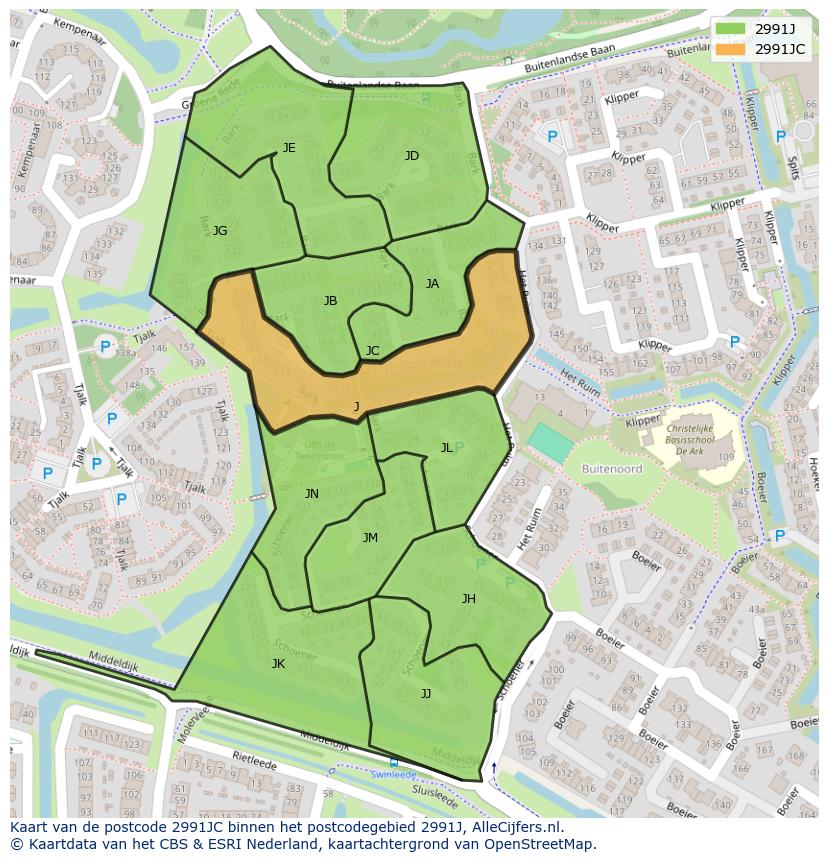 Afbeelding van het postcodegebied 2991 JC op de kaart.