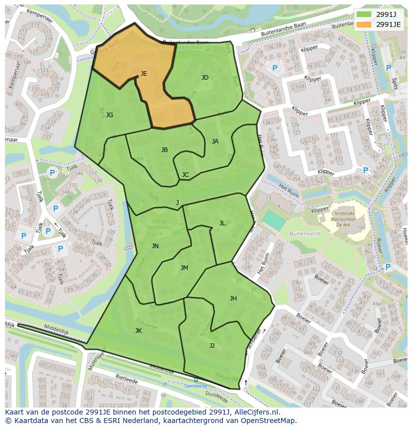 Afbeelding van het postcodegebied 2991 JE op de kaart.