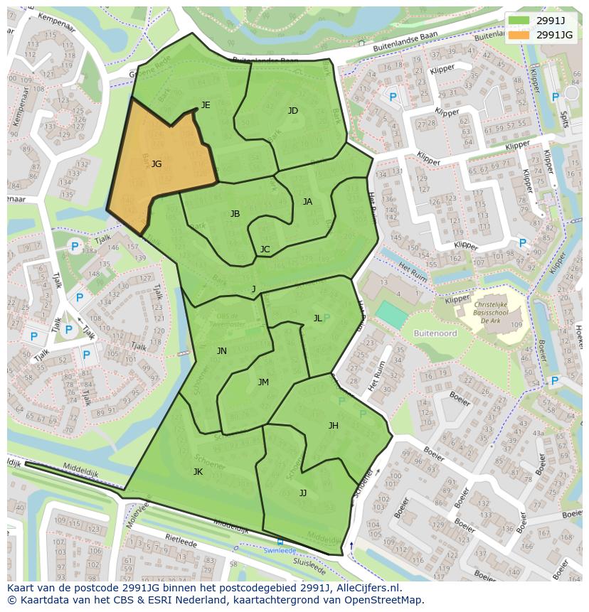 Afbeelding van het postcodegebied 2991 JG op de kaart.