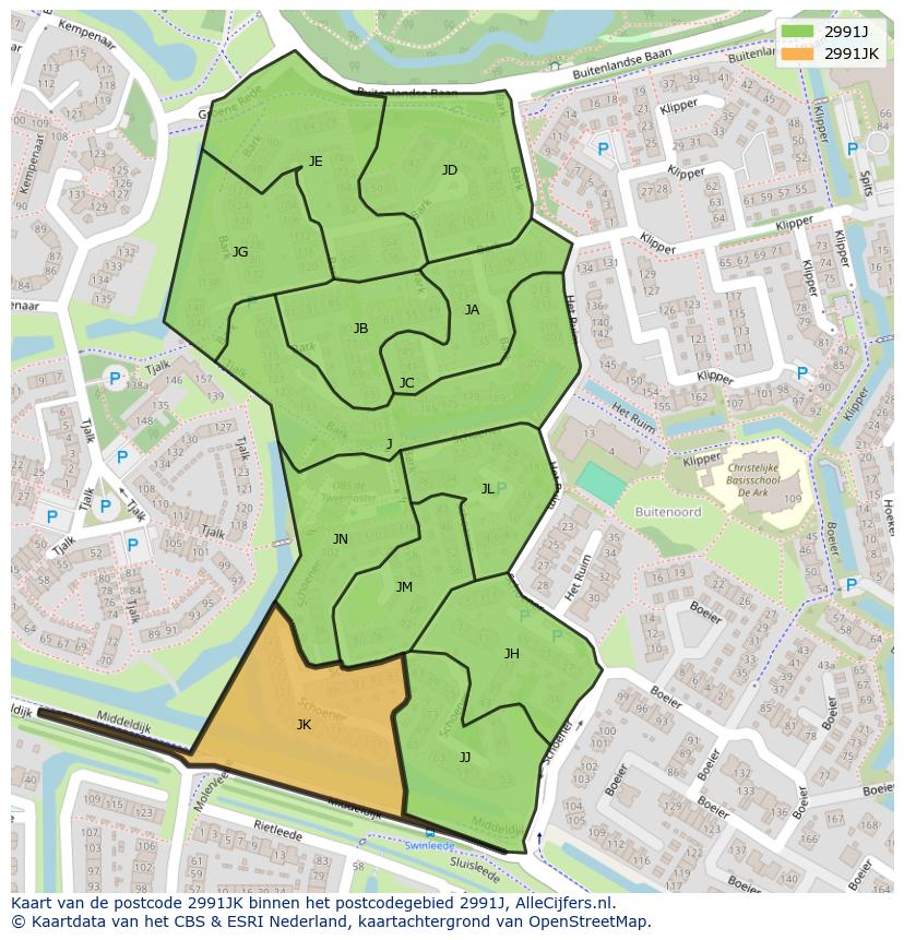 Afbeelding van het postcodegebied 2991 JK op de kaart.