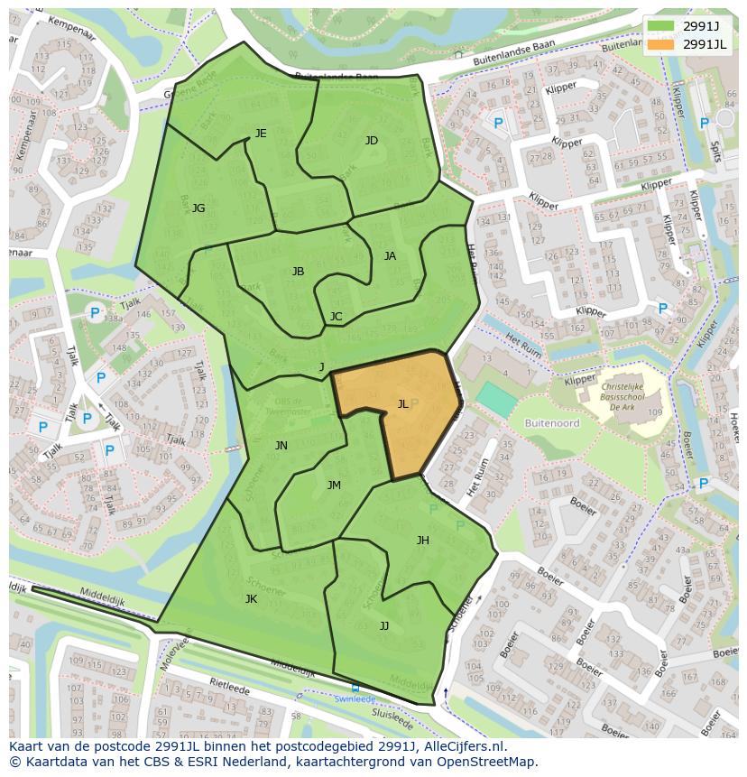 Afbeelding van het postcodegebied 2991 JL op de kaart.