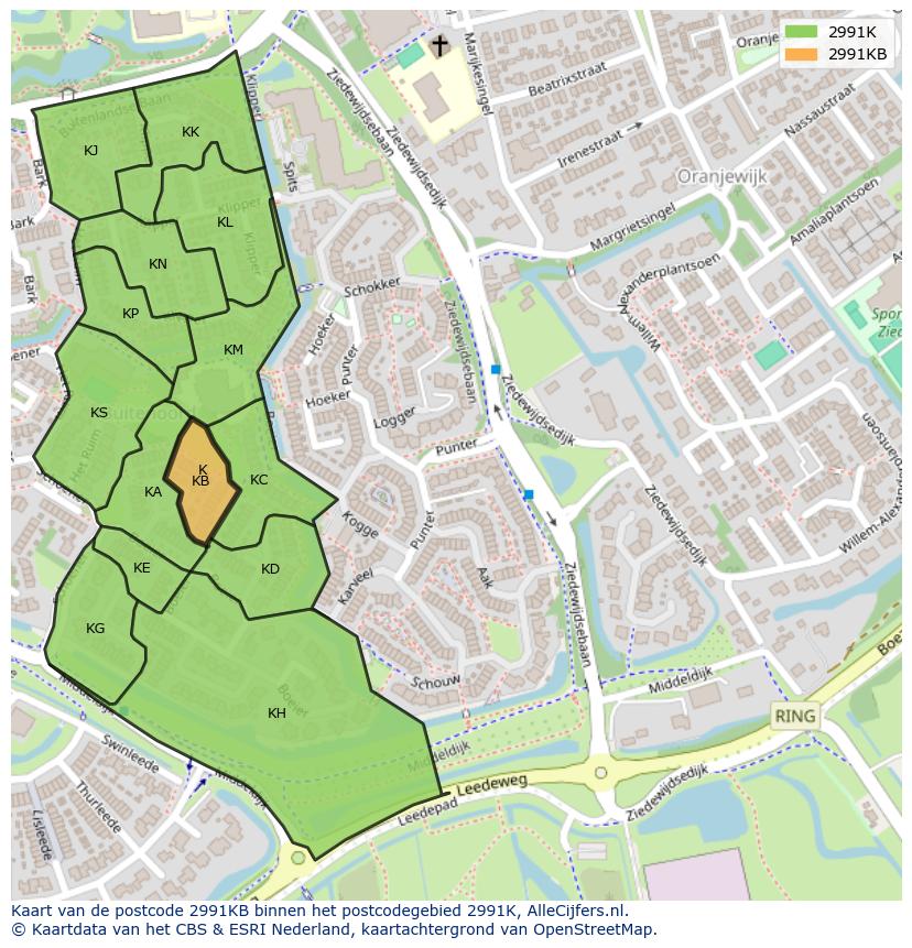 Afbeelding van het postcodegebied 2991 KB op de kaart.
