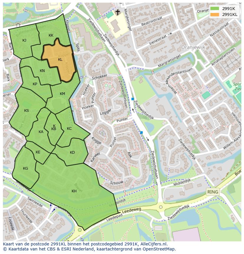 Afbeelding van het postcodegebied 2991 KL op de kaart.