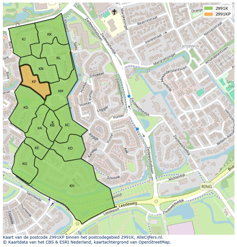 Afbeelding van het postcodegebied 2991 KP op de kaart.