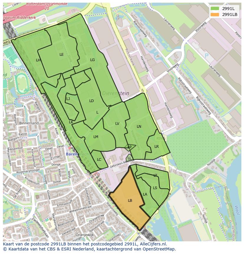 Afbeelding van het postcodegebied 2991 LB op de kaart.