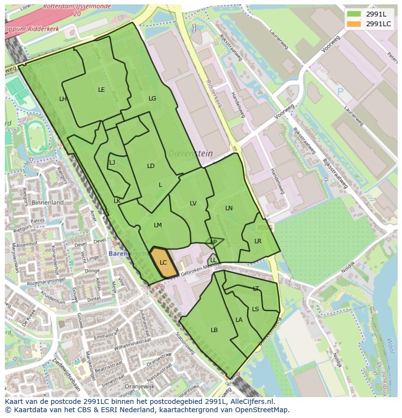 Afbeelding van het postcodegebied 2991 LC op de kaart.