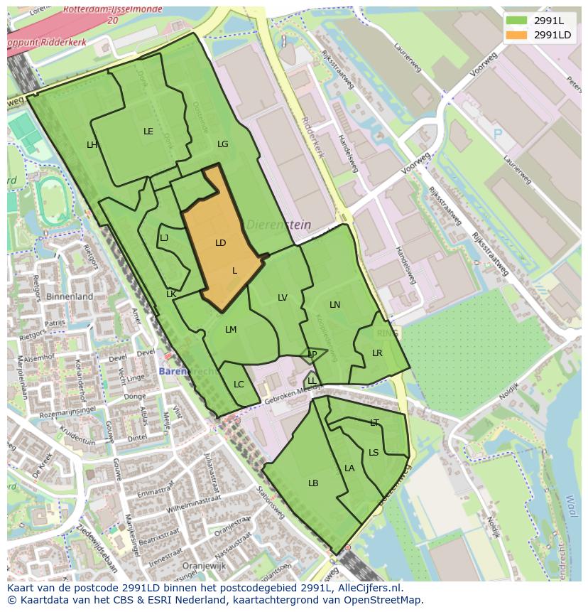Afbeelding van het postcodegebied 2991 LD op de kaart.