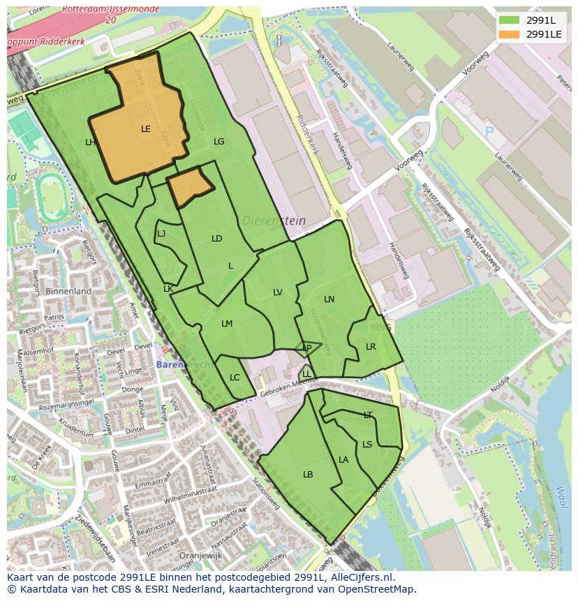 Afbeelding van het postcodegebied 2991 LE op de kaart.