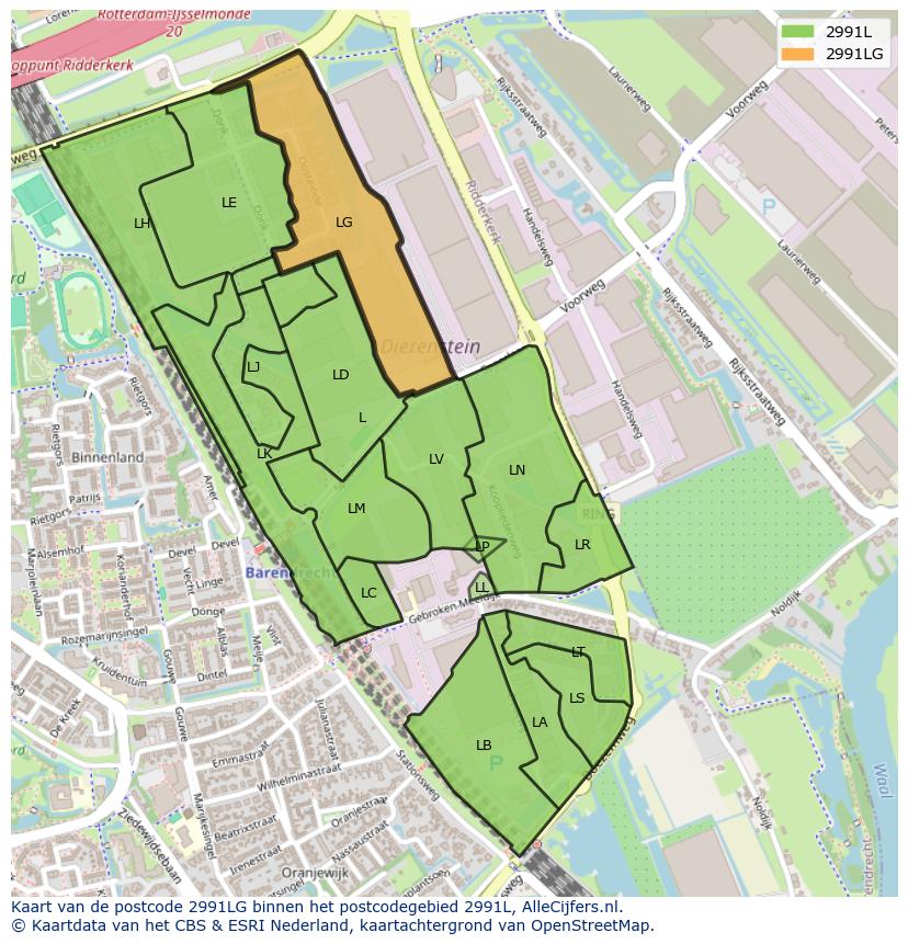 Afbeelding van het postcodegebied 2991 LG op de kaart.