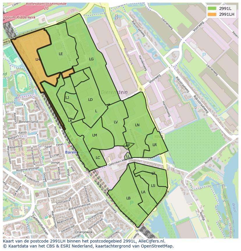 Afbeelding van het postcodegebied 2991 LH op de kaart.