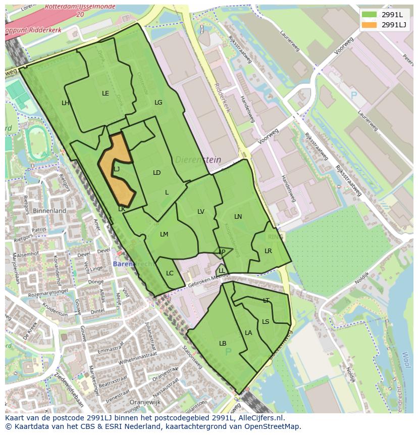 Afbeelding van het postcodegebied 2991 LJ op de kaart.