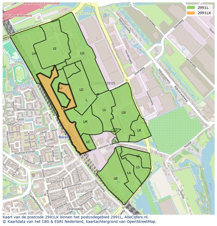 Afbeelding van het postcodegebied 2991 LK op de kaart.