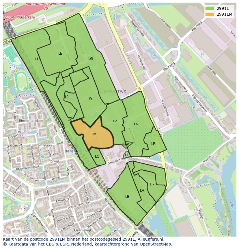 Afbeelding van het postcodegebied 2991 LM op de kaart.