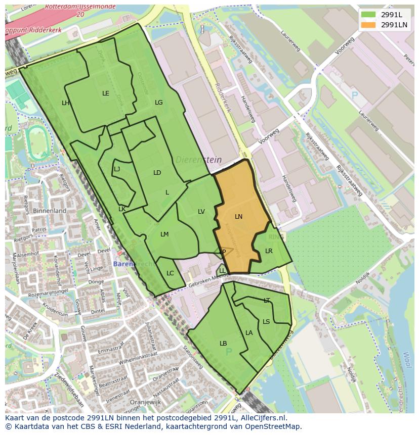 Afbeelding van het postcodegebied 2991 LN op de kaart.