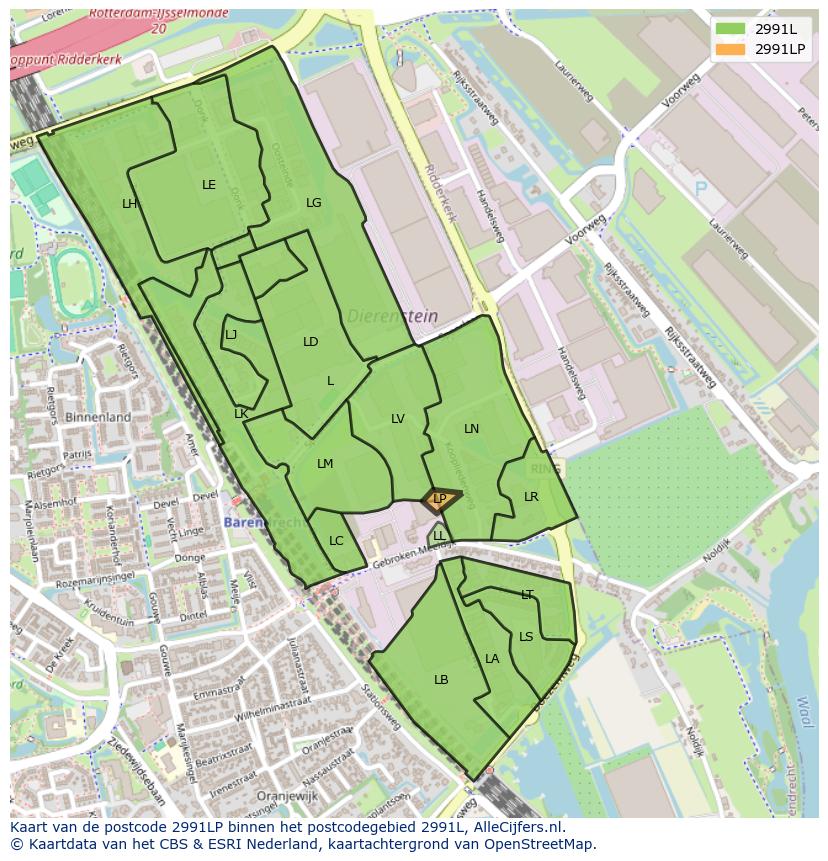 Afbeelding van het postcodegebied 2991 LP op de kaart.
