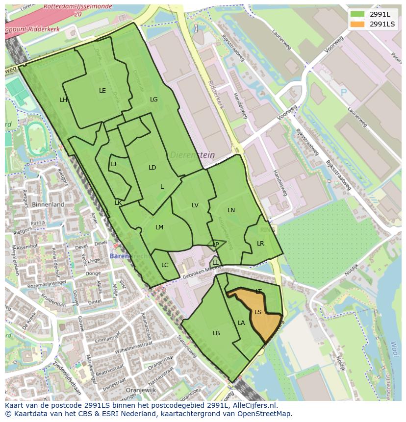 Afbeelding van het postcodegebied 2991 LS op de kaart.